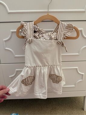 Cream and Tan Striped Strap Baby Dress - Busy Bees